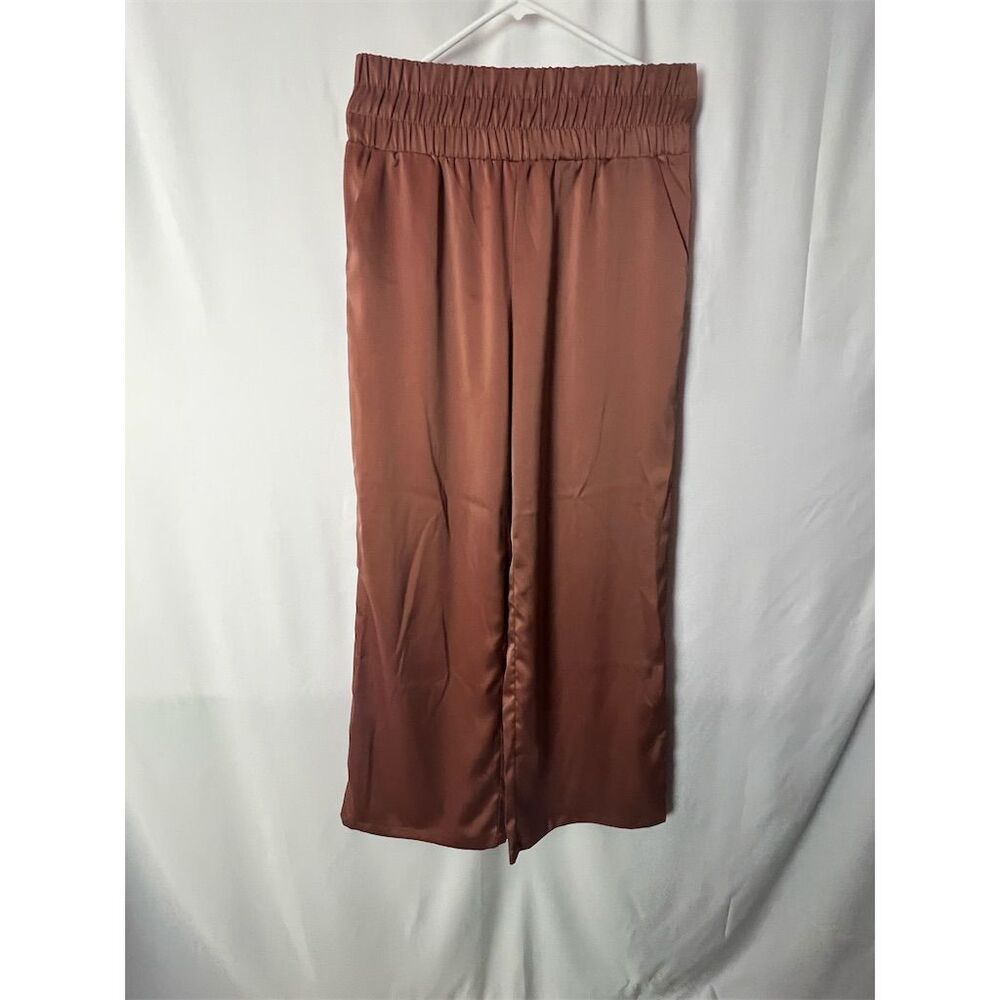 Women's Brown Satin Wide-Leg Pants Size M Casual Elastic Waist